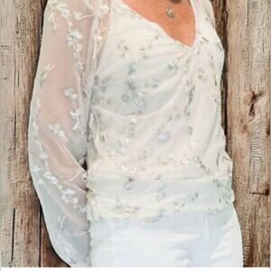 White House Black Market Sheer White Embroidered Blouse